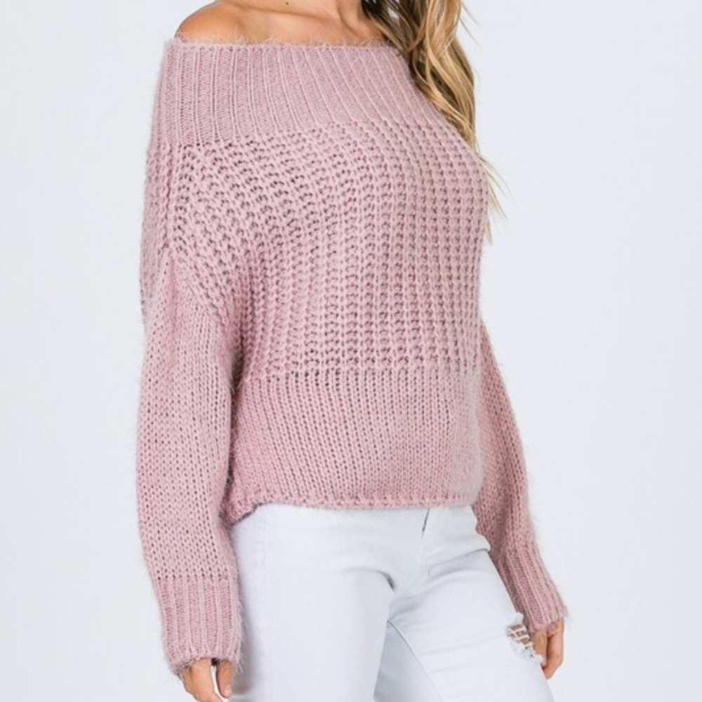 SOLD OUT Blush Pink Off Shoulder Knit Long Sleeve Sweater - Picture 5 of 8